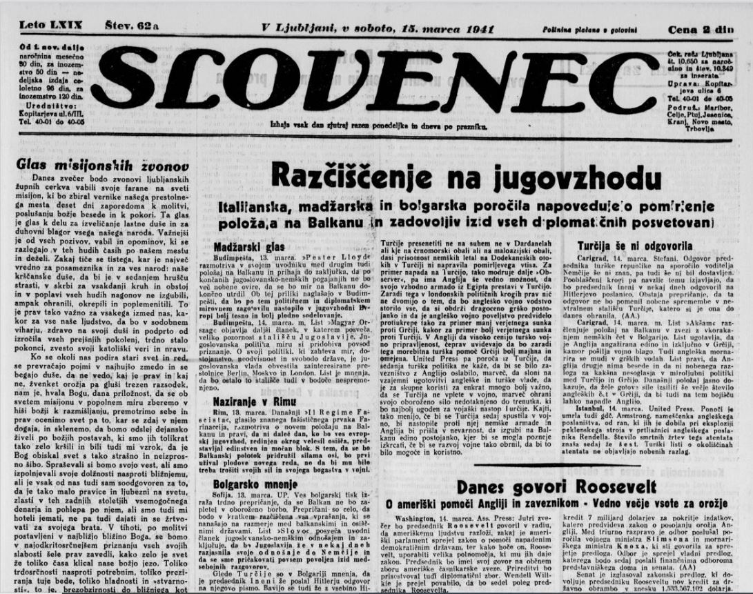 Foto: naslovnica Slovenca 15.marca 1941